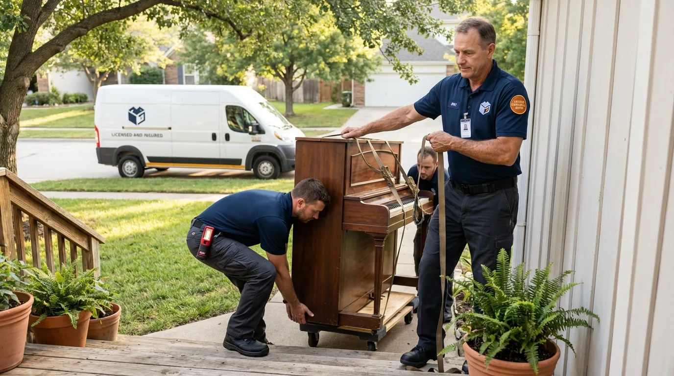 Licensed piano movers securing grand piano in Three Rivers, MA