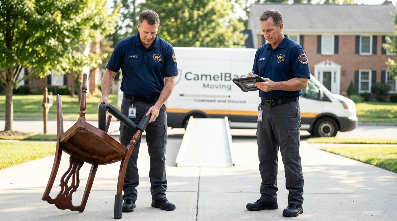 Movers inspecting furniture for damage prevention before loading in Three Rivers, MA