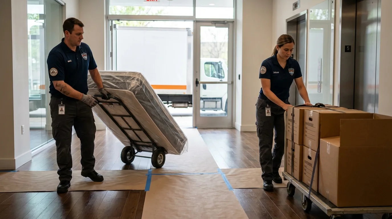 Professional apartment movers loading elevator in Three Rivers, MA